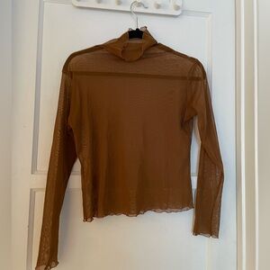 SEXY Brown Mesh Sheer Scallop-Edge Mock Turtleneck - Medium